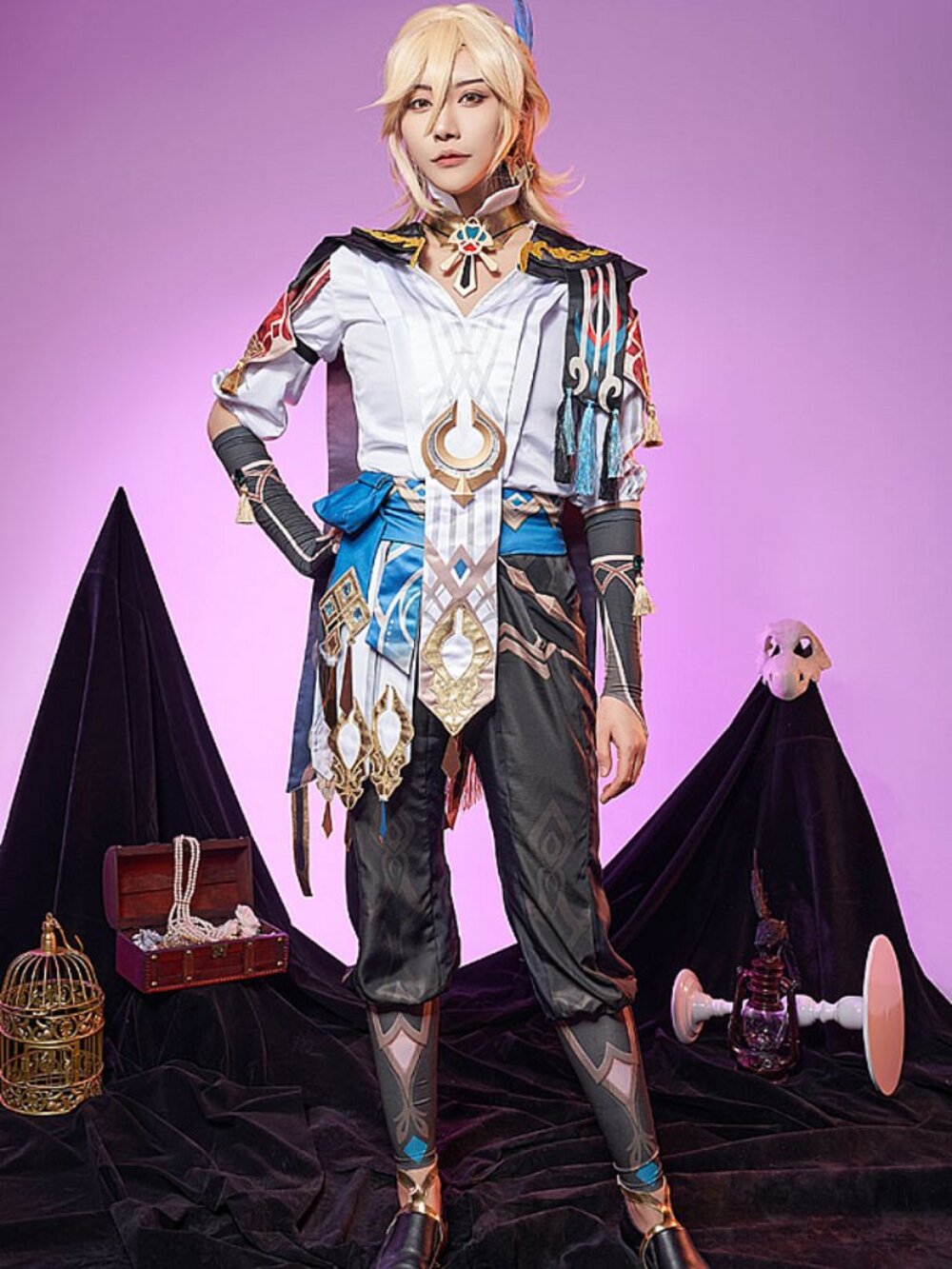 New Genshin Impact Kaveh Cosplay Costume Top, Pants, Gloves and Accessories 3X